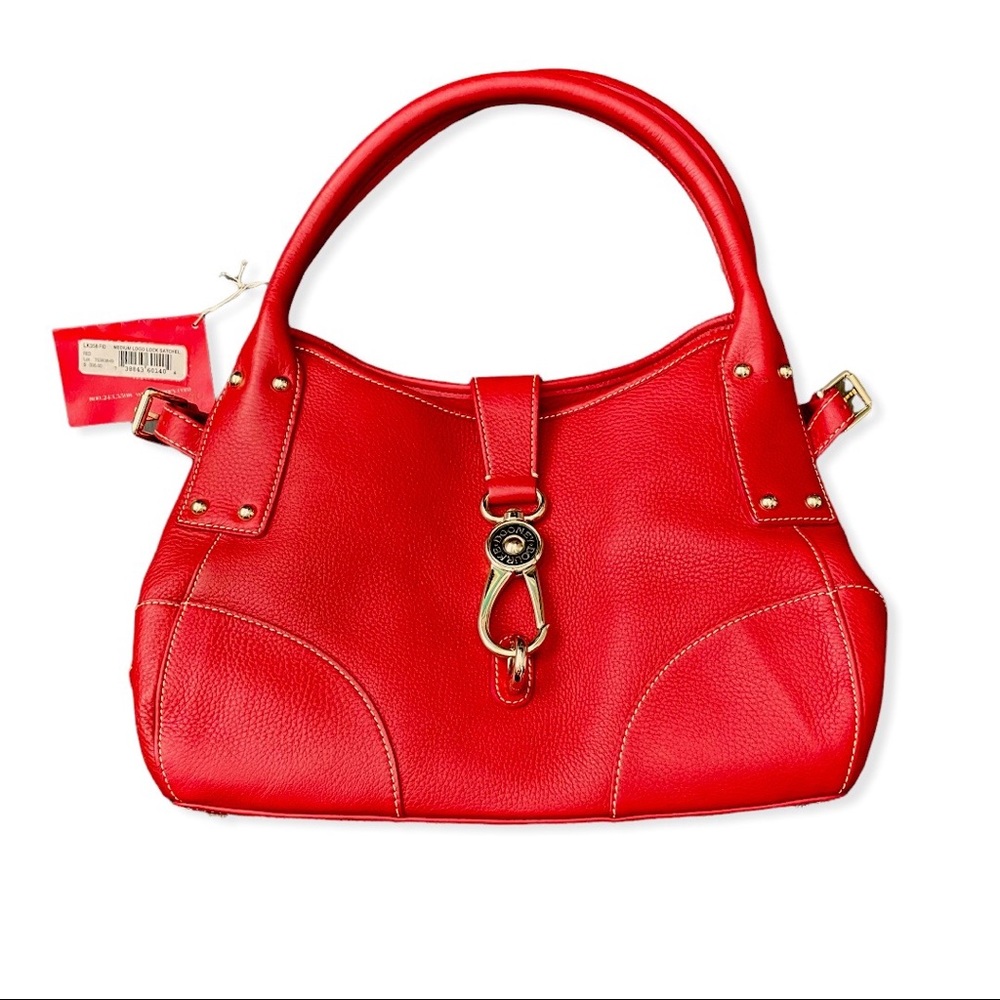 Vintage Dooney & Bourke Red Medium Logo Lock Satchel With Gold tone Fixtures.